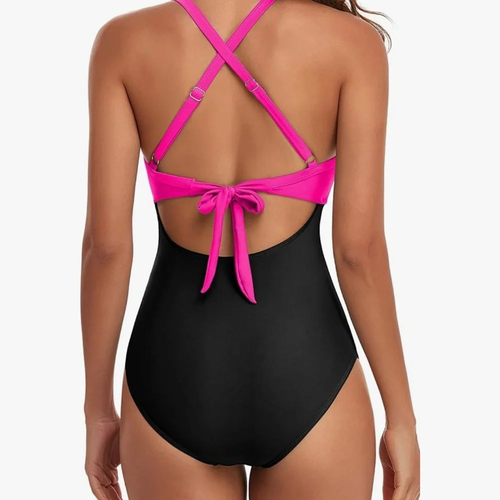 Pink and Black One Piece Swimsuit with Cross-Back Design XS - Picture 3 of 6